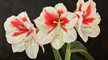 Poster - Vibrant amaryllis flowers showcasing intricate details and striking colors against a dark background for a stunning visual impact.