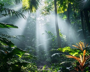 Poster - Sunbeams illuminate a lush, misty jungle path.