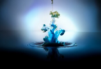 Aufkleber - Blue and yellow ink swirling in water, creating a colorful underwater explosion.