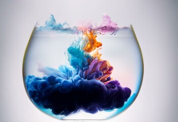 Poster - Swirling colors of blue, purple, and orange ink in a glass bowl.