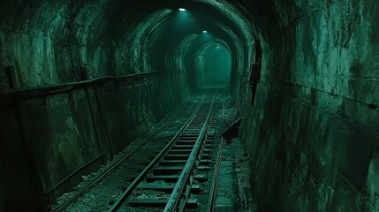 Fototapete - A subway tunnel at night with faint lighting at the end, highlighting the long, empty tracks stretching into the distance, surrounded by rough concrete walls