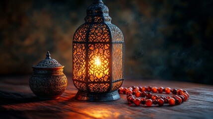 Wall Mural - Warm Light of Faith A Still Life with Ornate Lantern Trinket Box and Prayer Beads on a Rustic Wooden Surface