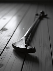 Poster - A Cracked Violin Bow Resting On A Wooden Floor, Soft Light, Symbolic Of Lost Music, Respectful Composition, Monochromatic Style 00001