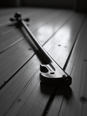 Poster - A Cracked Violin Bow Resting On A Wooden Floor, Soft Light, Symbolic Of Lost Music, Respectful Composition, Monochromatic Style 00003