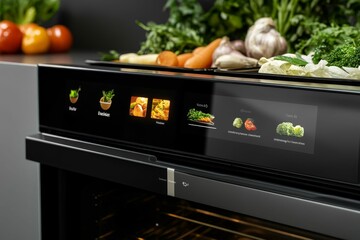 Modern oven displays vegetable cooking options.