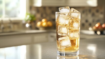 Poster - A tall glass of beer with large ice cubes inside, set on a smooth countertop with natural light reflecting off the ice and the beer's golden hue