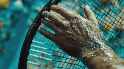A muddy hand rests on a tennis racquet net