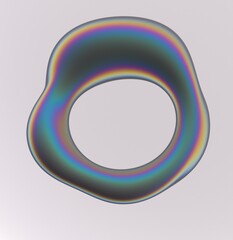 Aufkleber - Oval-shaped holographic liquid substance with a hole in the middle on a white background. 3D illustration of strange futuristic organic form in iridescent pearlescent colors.