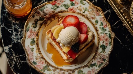 Poster - A top-down view of a decadent honey toast adorned with fresh fruit slices and a scoop of ice cream, served on a decorative plate with a honey jar in the background.