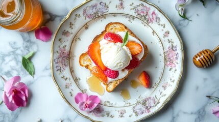 Poster - A top-down view of a decadent honey toast adorned with fresh fruit slices and a scoop of ice cream, served on a decorative plate with a honey jar in the background.