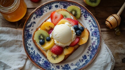 Poster - A top-down view of a decadent honey toast adorned with fresh fruit slices and a scoop of ice cream, served on a decorative plate with a honey jar in the background.