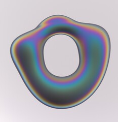 Aufkleber - Oval-shaped holographic liquid substance with a hole in the middle on a white background. 3D illustration of strange futuristic organic form in iridescent pearlescent colors.