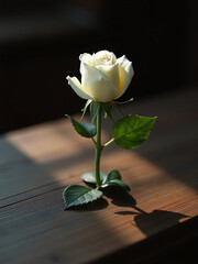 Poster - A Single White Rose On A Dark Wooden Table, Soft Light, Minimalism, Symbolic Representation Of Remembrance, Historical Significance 00001