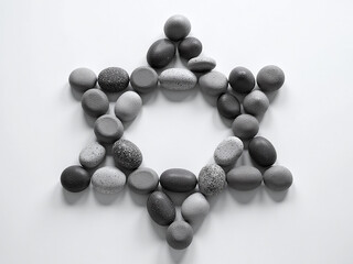 Poster - A Star Of David Formed By Scattered Stones, Minimalistic Design, Symbolic Of Resilience, Soft Light, Monochromatic Tones 00003