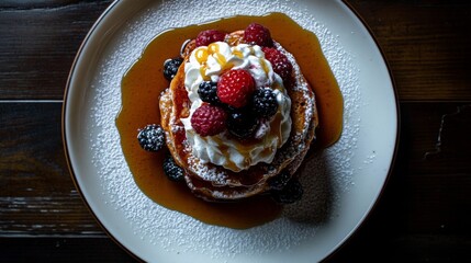 Poster - A top-down view of a plate of honey toast stacked high, generously topped with whipped cream, fresh berries, and a drizzle of honey, set against a dark wooden background.