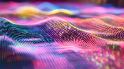 Poster - A digital representation of electromagnetic waves in various frequencies, moving across a grid in a high-tech setting.
