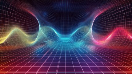 Poster - A digital representation of electromagnetic waves in various frequencies, moving across a grid in a high-tech setting.