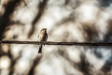 Aufkleber - A solitary bird perched gracefully on a wire, surrounded by a blurred backdrop of trees, showcasing the beauty of nature in a tranquil environment.