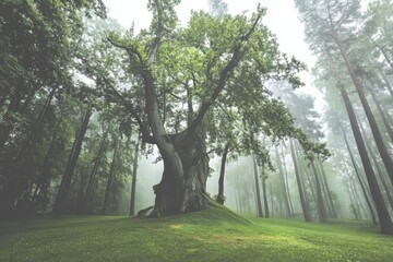 Poster - A large, majestic tree emerges from the mist, surrounded by a mystical atmosphere in a serene forest, evoking feelings of peace and tranquility in nature.