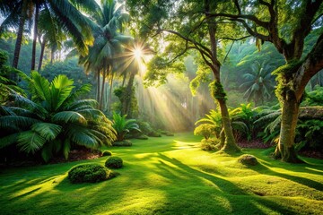 Wall Mural - Lush Tropical Park Sunlight Through Mossy Trees - Stock Photo