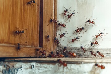 Poster - A captivating image of ants congregating at the corner of a vintage wooden cabinet, blending elements of decay and curiosity within an indoor setting.