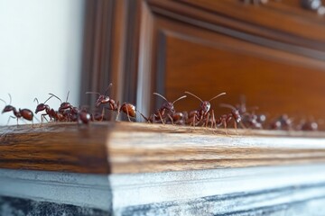 Poster - A close-up view reveals a line of ants traversing the edge of a beautifully designed wooden surface, symbolizing their ceaseless movement and unity in nature.