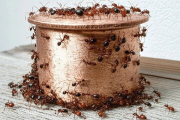 Poster - A fascinating scene shows ants crawling over a metal container, capturing the chaos and beauty of nature as these tiny creatures navigate their metallic environment.