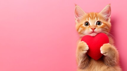 Wall Mural - Cute orange kitten holding a red heart. The kitten is looking at the camera with a curious expression. The pink background adds a warm and affectionate tone to the image