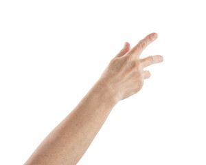 Wall Mural - mid aged woman hand reaching gesture isolated on white