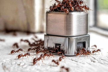 Poster - A cluster of ants gathered around a metal object, highlighted by natural light, showcasing their curious nature and tendency to explore various environments.