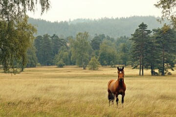 Poster - A brown horse stands calmly in a lush green landscape, framed by trees in the background, portraying tranquility and harmony with nature and the beauty of the outdoors.