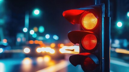 Poster - A glowing red traffic light at night with light trails from moving cars in the background.