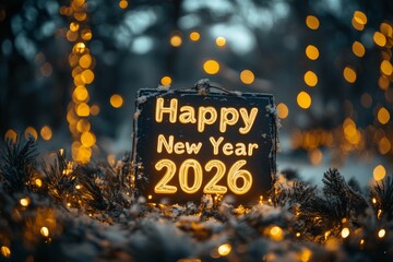 Aufkleber - A striking sign with 'Happy New Year 2026' illuminates softly in a winter setting, capturing the essence of celebration and the joy of new beginnings.