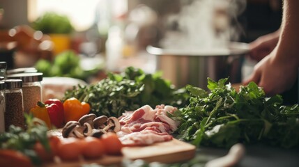 Wall Mural - A variety of fresh ingredients for shabu laid out on a table, including sliced pork, mushrooms, and leafy greens, with a steaming pot of broth in the background