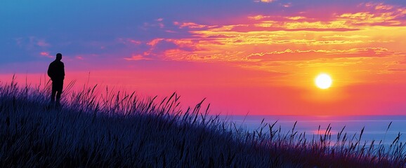 Poster - Solitary figure silhouetted against vibrant sunset over ocean.