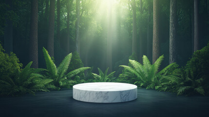 Poster - serene marble podium surrounded by lush ferns in tranquil forest. Sunlight filters through trees, creating peaceful atmosphere perfect for presentations or displays