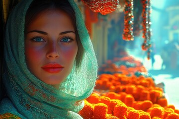 Wall Mural - Close-up portrait of a young woman in a teal headscarf at an outdoor market  Ideal for fashion beauty or cultural publications