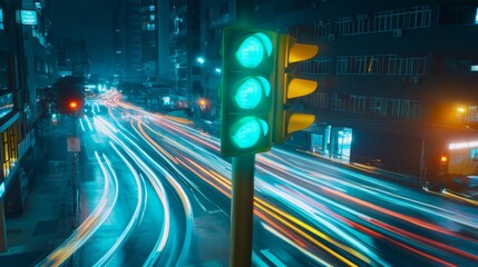 Wall Mural - A vibrant green traffic light glowing in the night, with blurred headlights and taillights creating streaks of light around the intersection, representing movement and progress