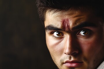 Poster - This portrait features a young man with a prominent marking on his forehead, conveying a sense of intrigue, personality, and raw emotion through his captivating gaze.