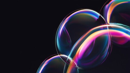 Wall Mural - Glowing soap bubbles isolated on black background. Abstract soapy random spheres 3d brutalism design