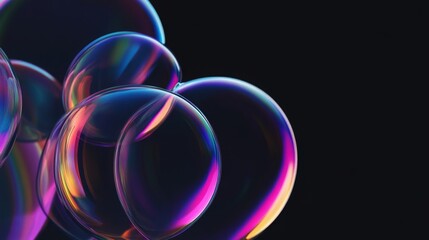 Wall Mural - Glowing soap bubbles isolated on black background. Abstract soapy random spheres 3d brutalism design