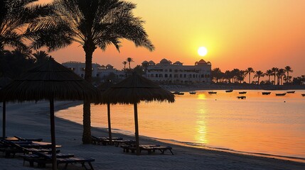 Poster - Sunrise over tranquil beach with palm trees, beach umbrellas, and resort.