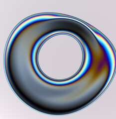 Poster - Holographic liquid substance of oval shape with a hole in the middle on a white background. 3D illustration of a strange futuristic organic shape in shimmering pearlescent colors.