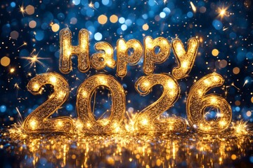 Aufkleber - A dazzling and vibrant digital design featuring 'Happy 2026' in sparkling gold against a shimmering blue background, perfect for New Year's celebrations and festivities.