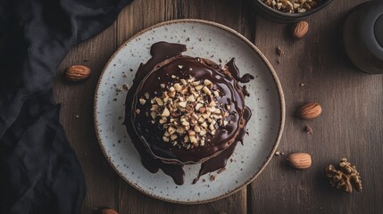 Poster - A waffle covered in melted chocolate and crushed nuts, presented on a rustic wooden table with contrasting textures and rich warm colors.