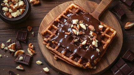 Poster - A waffle covered in melted chocolate and crushed nuts, presented on a rustic wooden table with contrasting textures and rich warm colors.