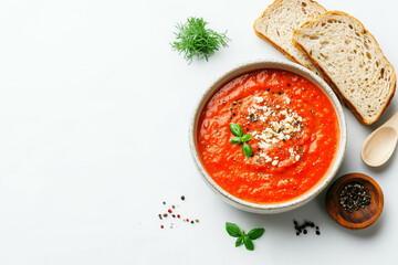 Fresh tomato soup garnished with basil and bread on side