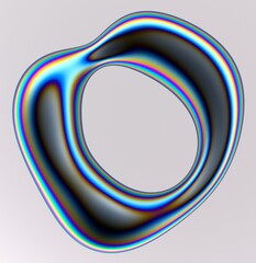 Aufkleber - Holographic liquid substance of oval shape with a hole in the middle on a white background. 3D illustration of a strange futuristic organic shape in shimmering pearlescent colors.