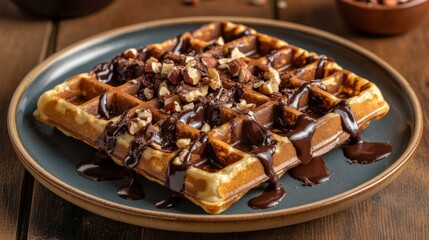 Poster - A waffle covered in melted chocolate and crushed nuts, presented on a rustic wooden table with contrasting textures and rich warm colors.