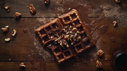 Poster - A waffle covered in melted chocolate and crushed nuts, presented on a rustic wooden table with contrasting textures and rich warm colors.